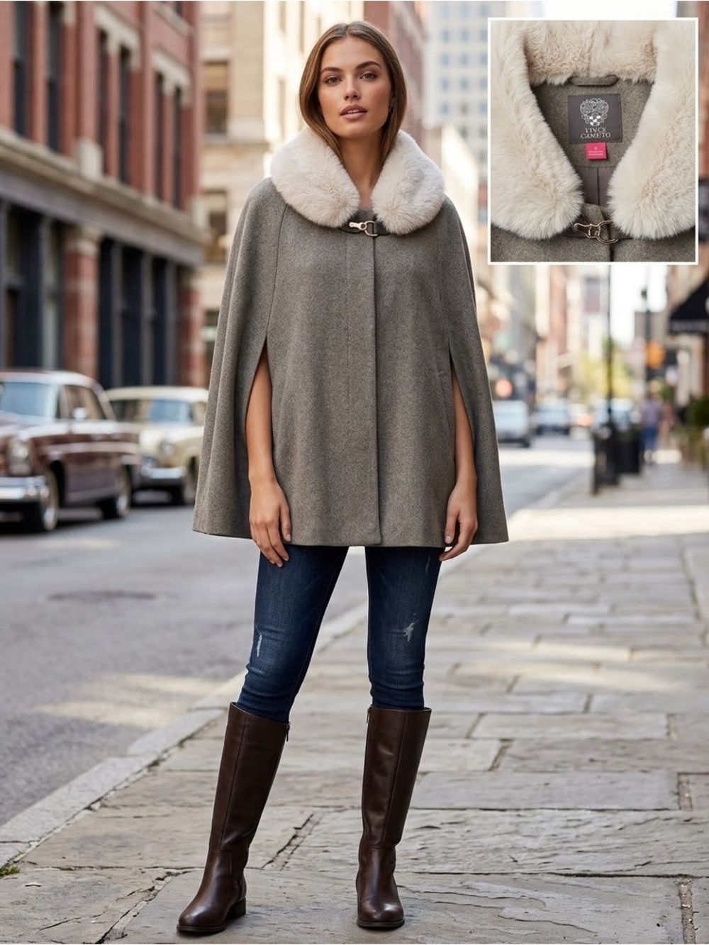 Vince Camuto taupe cape with cream faux fur collar Like New One Size fits Most​